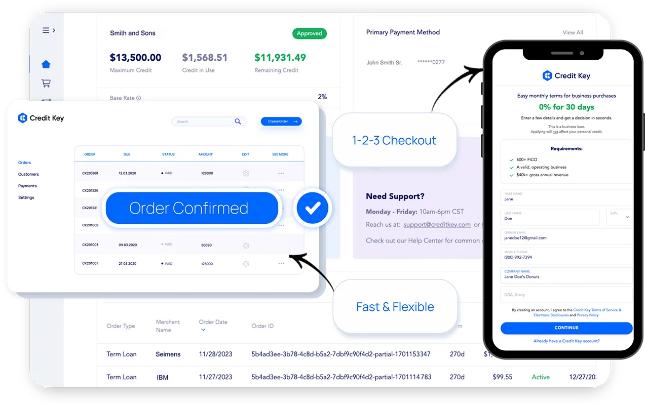 Credit Key borrower portal showing order dashboard and application screens
